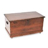 A 19th century stained wooden chest with metal carrying handles, length approx 80cm.