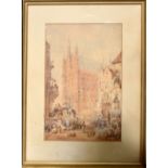 19TH CENTURY CONTINENTAL; watercolour, a busy street scene of market traders outside a Cathedral,