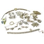 A quantity of silver and white metal jewellery to include marcasite examples, a cocktail watch,