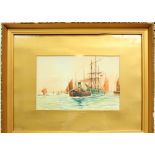 J CYRIL STOBBS; watercolour, maritime scene, tug boat and sailing ships leaving harbour,