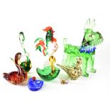 A group of Murano decorative glass items to include a large Scotty dog, height 32cm, cockerel,