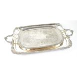 A large Walker and Hall silver-plated two-handled tray, with beaded rim and embossed floral corners,