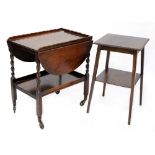 An oak drop-leaf tea trolley with galleried top, barleytwist supports,