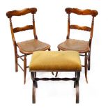 A pair of bedroom chairs with later added board seats and a reproduction X-framed upholstered stool
