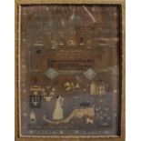 An 18th century sampler with alphabet and central panel with prayer,