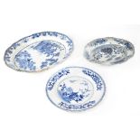 Three blue and white hand painted Chinese plates, the circular plate painted with flowers and birds,