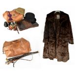 A vintage crocodile handbag with brown suede interior, a mink short fur coat,