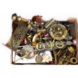 A quantity of predominantly brass items to include horse brasses, a Great Western Railway lamp,