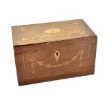 A Regency inlaid mahogany tea caddy, with two interior compartments, length 22cm, width12cm.