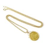 An Elizabeth II half sovereign, 1982 London, in 9ct gold pendant mount on 9ct gold bead necklace,