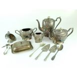 A collection of plated ware to include teapot (af), coffee pot, sugar basin, cream jug,
