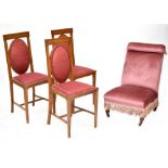 A Victorian walnut nursing chair upholstered in pink velour and three Edwardian cross-banded walnut