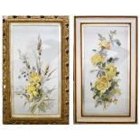 Two Victorian opaque glass paintings, one depicting yellow roses, the other a yellow floral spray,