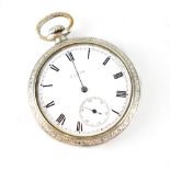 Elgin; a white metal keyless wind open face pocket watch with engraved bezel, 50mm (af).