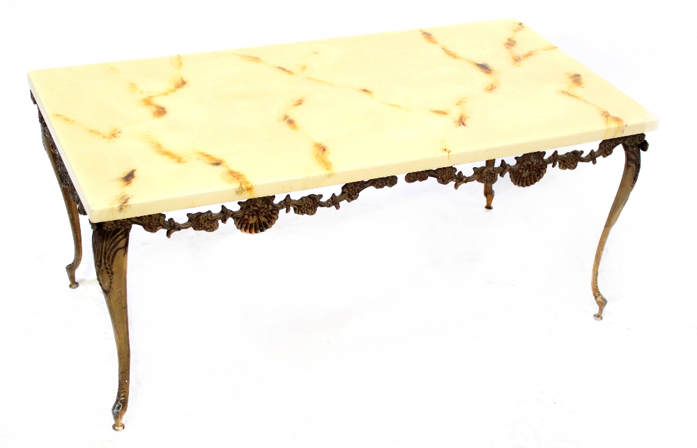 An onyx-effect and gilt metal occasional table with rectangular top, on slender outswept legs,