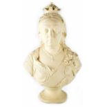 A plaster bust of Queen Victoria, on a circular plinth base, height 48cm.