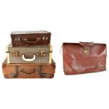 Two vintage leather suitcases, a further suitcase and a leather satchel (4).