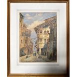 SIAN (19th century Continental); watercolour, figures on a cobbled street in a town, signed,