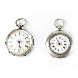Two Continental silver key wind open face pocket watches with fancy dials and cases,