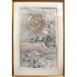 A Chinese watercolour of game birds in moonlit scene, signed bottom right with red seal mark,
