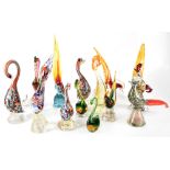 A group of fourteen Murano decorative glass birds, to include various cockerels, ducks, swans, etc,