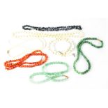 Assorted hardstone bead necklaces to include a green chalcedony-style necklace.