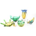 Five decorative Murano glass items to include a large multicoloured baluster vase,