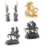 Five spelter figures to include a bronzed seated Viking warrior,