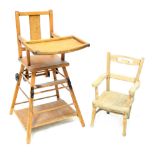 A child's metamorphic high chair and a small child's open-arm elbow chair (2).