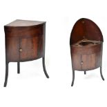 A Victorian mahogany inlaid corner wash stand with hinged top opening to reveal three circular