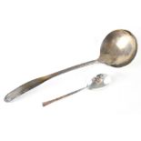 A modern handmade hallmarked silver ladle and teaspoon, both by Peter Cropper,