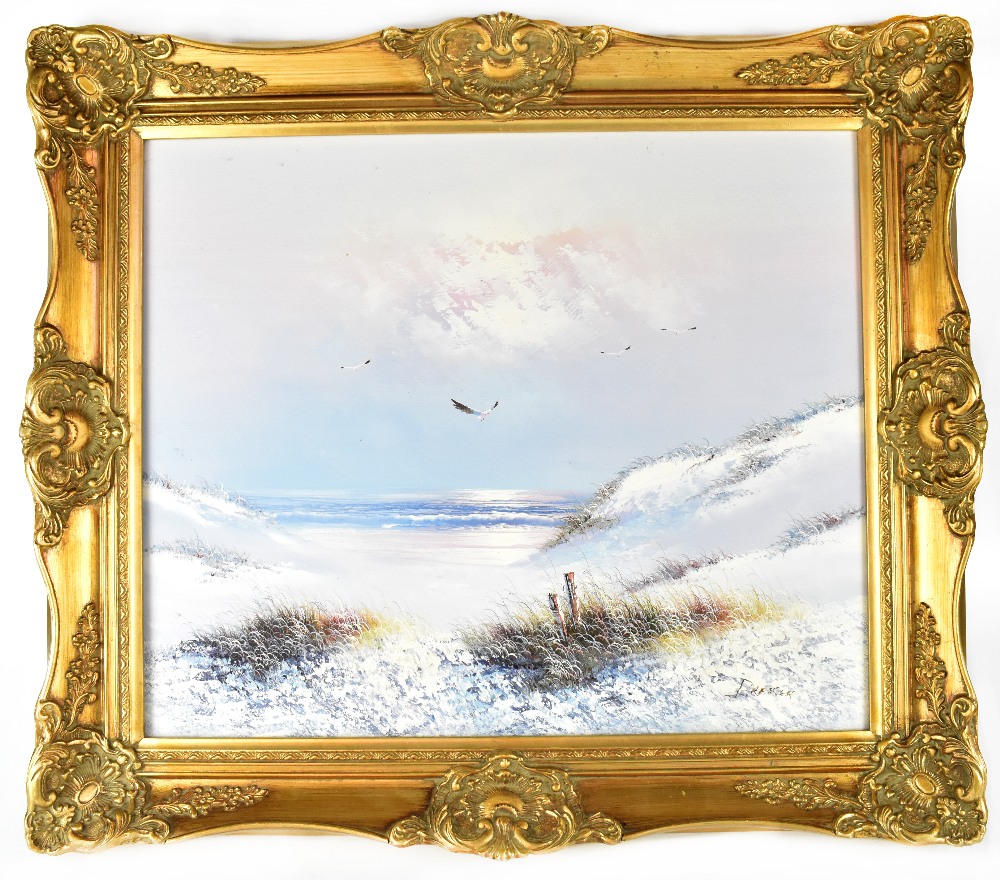 DRESSER (20th century); oil on canvas, beach dune scene with gulls and sea in the background,