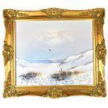 DRESSER (20th century); oil on canvas, beach dune scene with gulls and sea in the background,