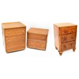 A retro teak-effect three-drawer chest of drawers and a matching two-drawer chest of drawers,