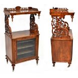 A Victorian walnut two-tier music cabinet, the upper tier with pierced gallery,