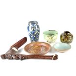 A small collection of studio pottery to include Solborne Pottery blue ground earthenware baluster