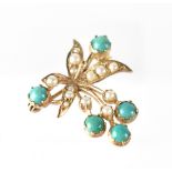 A 9ct yellow gold turquoise and seed pearl brooch, approx 4.2g.