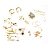 Various pairs of gold earrings, two gold dainty necklaces, cameo pendant, locket, etc.