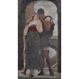 EARLY 20TH CENTURY BRITISH; oil on canvas, lovers in an archway, Pre-Raphaelite style, unsigned, 54.