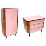 A mid-20th century retro pink Formica and veneer wood part bedroom suite comprising a wardrobe,