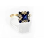 A 9ct gold Art Deco style blue synthetic spinel ring, size O, approx 2.8g.