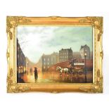 UNATTRIBUTED (20th century); oil on canvas, Victorian street scene with coach and horses,