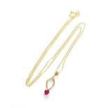 A 14ct gold and ruby necklace pendant drop on a 9ct gold chain, chain length 40cm, approx 2.8g.