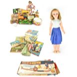 Two boxes of toys to include tin plate and wind-up street scene, dolls, pull-along animal,