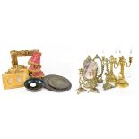 A quantity of decorative items to include a pair of gilt metal twin-branch table lamps,
