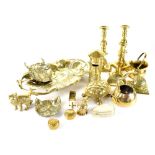 Various items of collectable brassware to include large leaf dish, pillar post box, candlesticks,