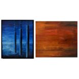 HEF (British, 20th century); oil on canvas, abstract with three blue posts in a blue landscape,