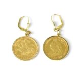 A pair of half sovereign earrings, 1896 and 1899, in 9ct gold earring mounts, approx 9.8g.