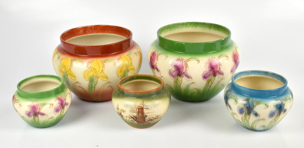 WILEMAN & CO; five Foley faience ware planters of various size and design to include an example
