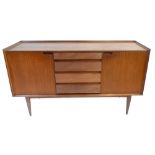 A mid-century mimosa teak sideboard, with four central drawers flanked by two panelled cupboard